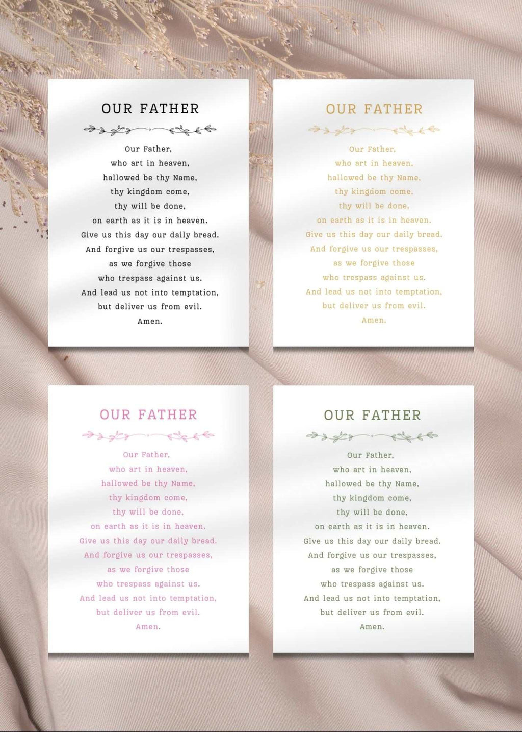 Orthodox Lord’s Prayer 5x7 card set in English and Greek with four color variations for kids' prayer corners and faith decor