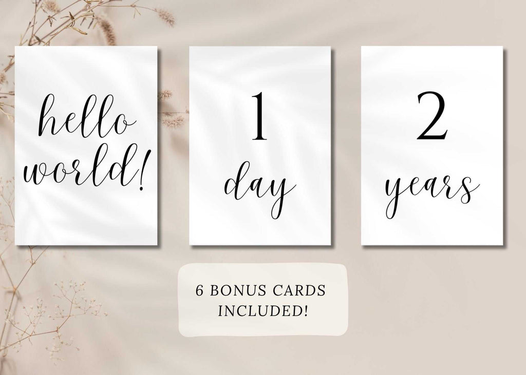 Black and white baby milestone cards set from birth to 2 years with neutral design and instant download options