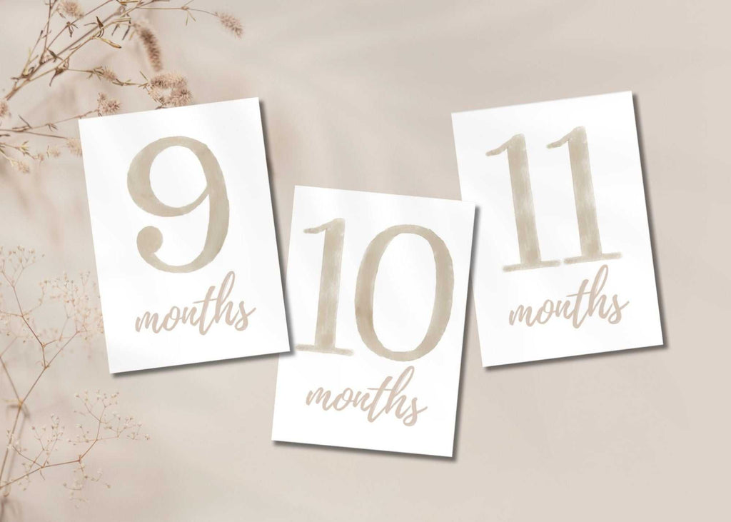 Beige baby milestone cards for 9, 10, and 11 months printable set