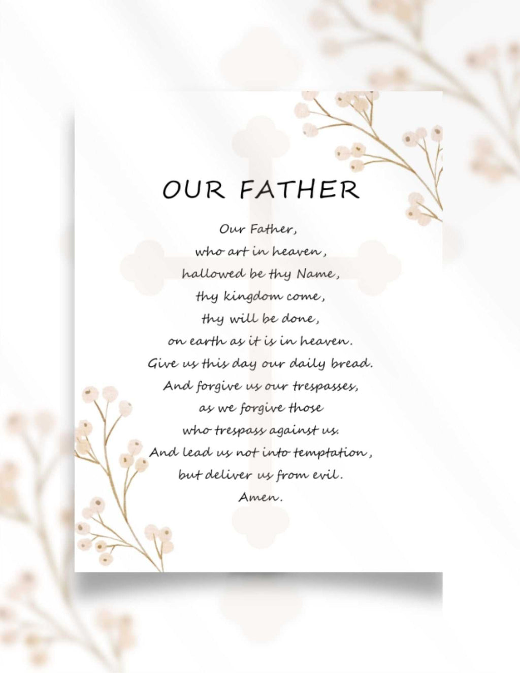 The Lord’s Prayer printable wall art in English with floral accents and neutral design for Orthodox Christian home decor