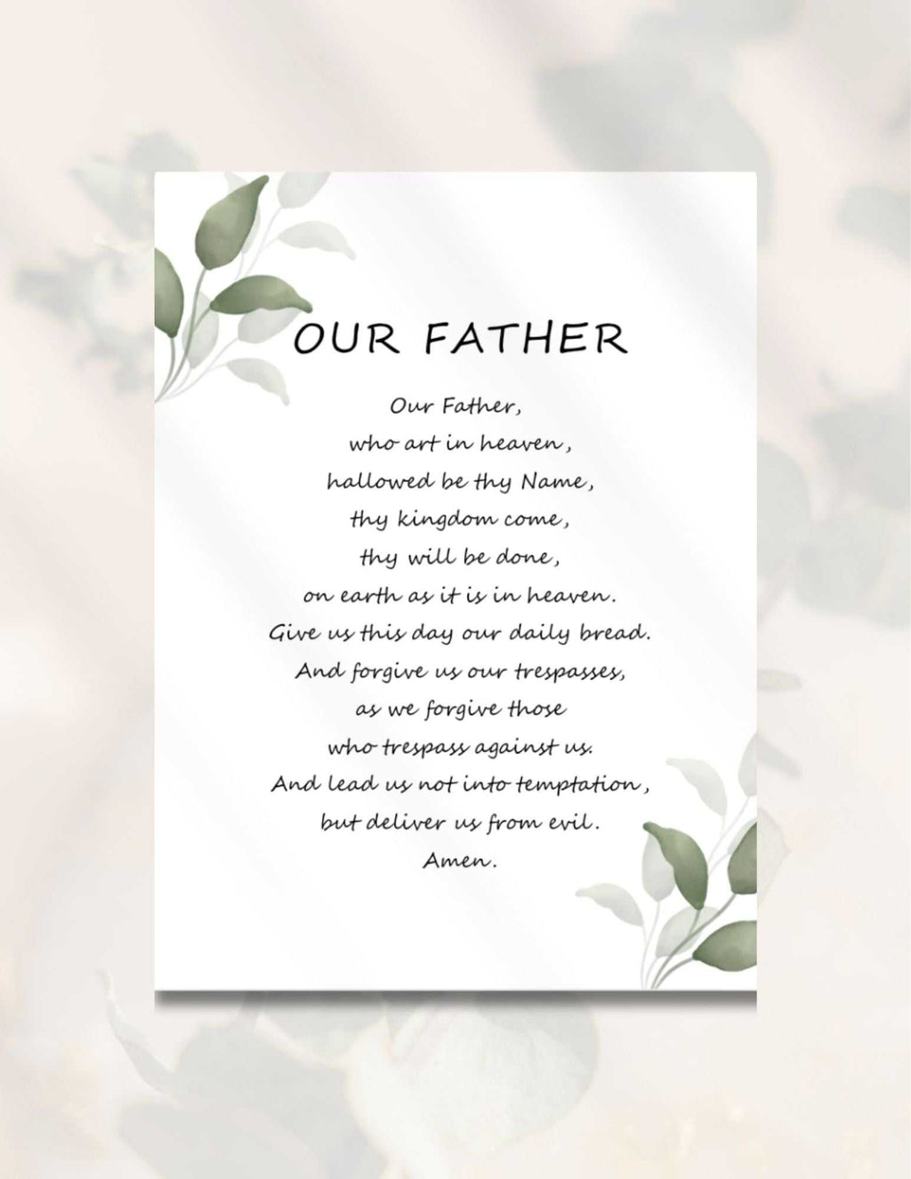 The Lord’s Prayer printable wall art in English with minimalist green leaf design on white background